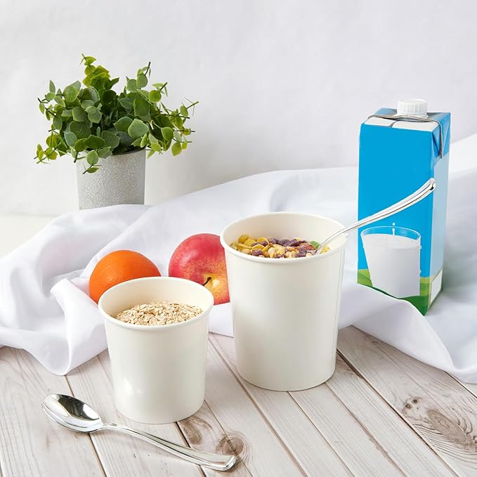 JOLLY PARTY 50pack 16oz Paper Soup Containers with Lids, Disposable Paper Food Cups, Ice Cream Cups, Food Storage with Lids, Microwavable and Freezer Safe, Suitable for Christmas Thanksgiving (White)