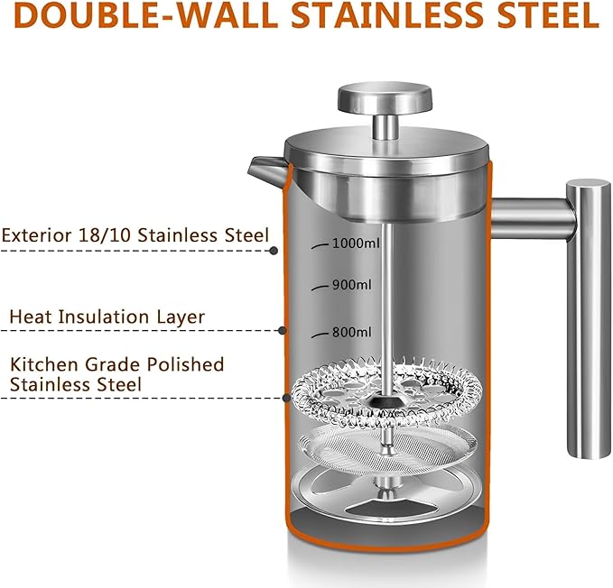 Large French Press Coffee Maker 50oz (1.5L), 304 Stainless Steel Double Wall Insulated Coffee Press for Camping, Backpacking, Party, Travel, Gift Set, Dishwasher Safe (Silver, 6-8 Cups)