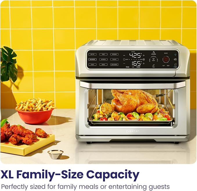 Chefman Air Fryer Toaster Oven Combo with Probe Thermometer, 12-In-1 Stainless Steel Convection Countertop, 10 Inch Pizza, 4 Slices of Toast, Cooking, Baking, Toasting, Roaster Oven Airfryer 20QT (Renewed)