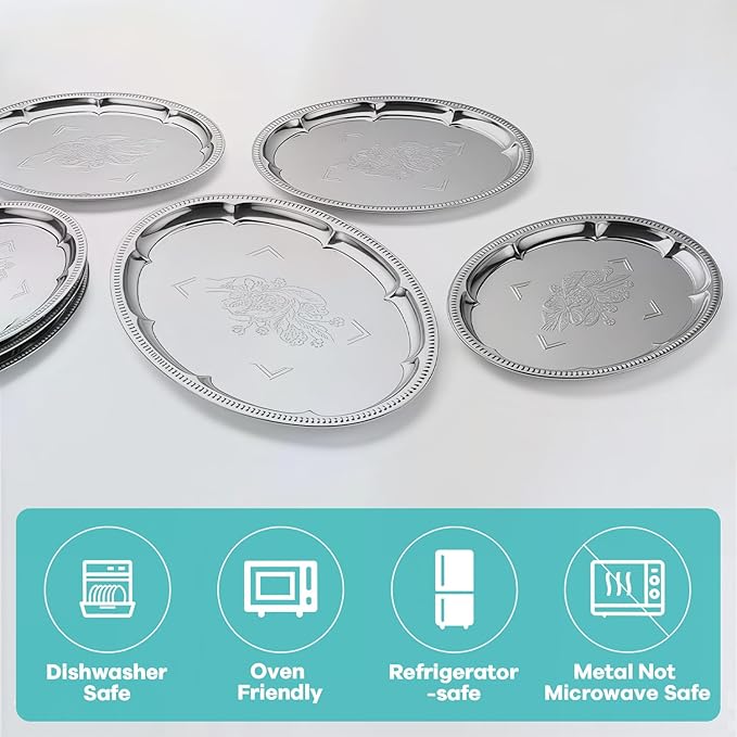 6-Pack Large Silver Serving Trays (16" x 12") – Oval Floral Engraved Serving Platters for Parties, Weddings, Birthdays, Festive Occasions – Mirror Trays for Appetizers, Charcuterie, Cookies, Desserts
