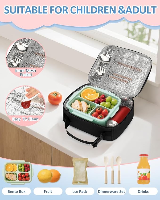 Capolo Insulated Lunch Box for Kids, Cute Thermal Lunch Bag for School, Reusable Lunch Tote for Boys and Girls, Durable Cooler Bag with Easy Grab Handle, Lightweight and Easy to Clean Meal Bag, black
