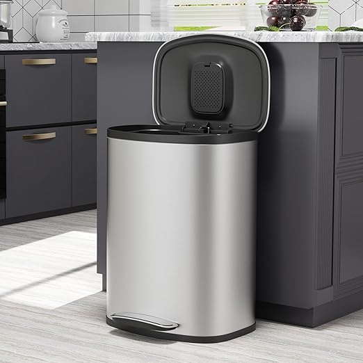 13 Gallon/50L Trash Can with Foot Pedal, Stainless Steel Garbage Can with Soft-Close Lid, Garbage Bin Exquisite Oval Shape Cover Hands-Free for Kitchen, Bathroom, Office