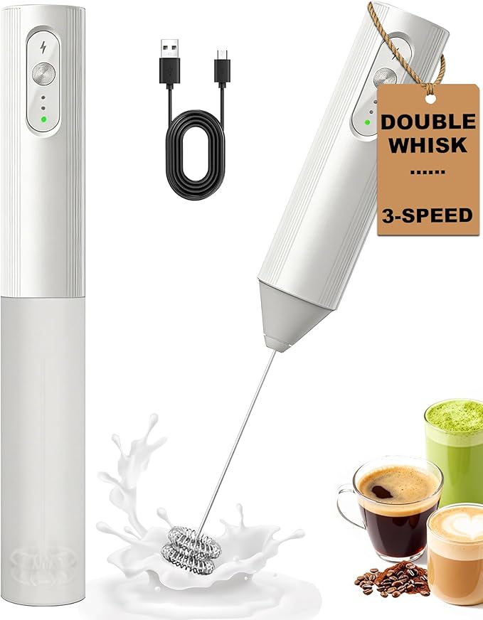 3-Speed Rechargeable Milk Frother with Cover, Dual Coil Whisk Coffee Frother Handheld - Portable Hand Frother Wand for Coffee Matcha Cappuccino & Hot Chocolate, Kitchen Gift, White