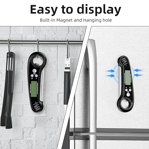 Instant Read Meat Thermometer for Grill and Cooking, Fast and Accurate Digital Food Thermometer with Backlit bi-fold Probe for Kitchen ovens, Frying, Candy, Steak (Black)