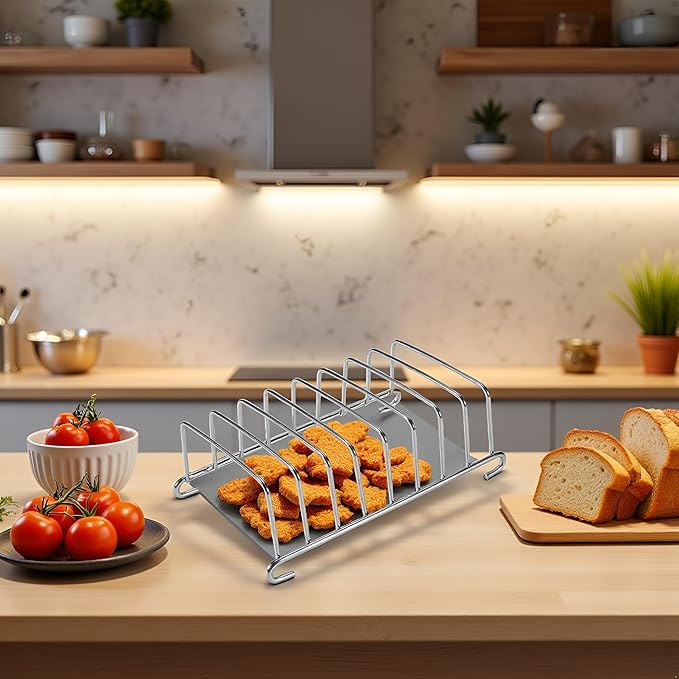 Silver 8 Holes Stainless Steel Tool Toast Cooling Grid Bread Rack Rectangle Air Fryer Accessories Organizer Safe Healthy Stainless Steel Toast Rack Baking Tools and Accessories, Cooling Racks