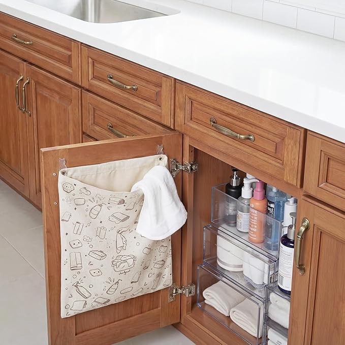 Reusable Dirty Rag Storage Bag, Linen Dish Towel Bag with Plastic Liner for Under Sink Cabinet Door Organizer
