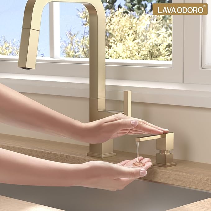 Champagne Gold Soap Dispenser for Kitchen Sink, Lava Odoro Built in Sink Soap Dispenser, Solid Brass Kitchen Soap Pump and Lotion Dispenser with 18oz Refillable Bottle, Spot-Free, KSD182-CB