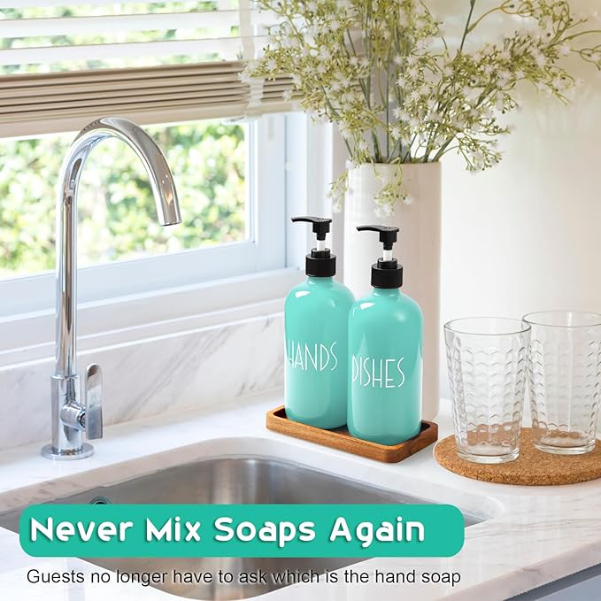 ALELION Turquoise Dish Soap Dispenser for Kitchen - 16 OZ Glass Hand Soap Dispenser Set with Pump and Acacia Wood Tray - Turquoise Kitchen Decor & Teal Kitchen Accessories