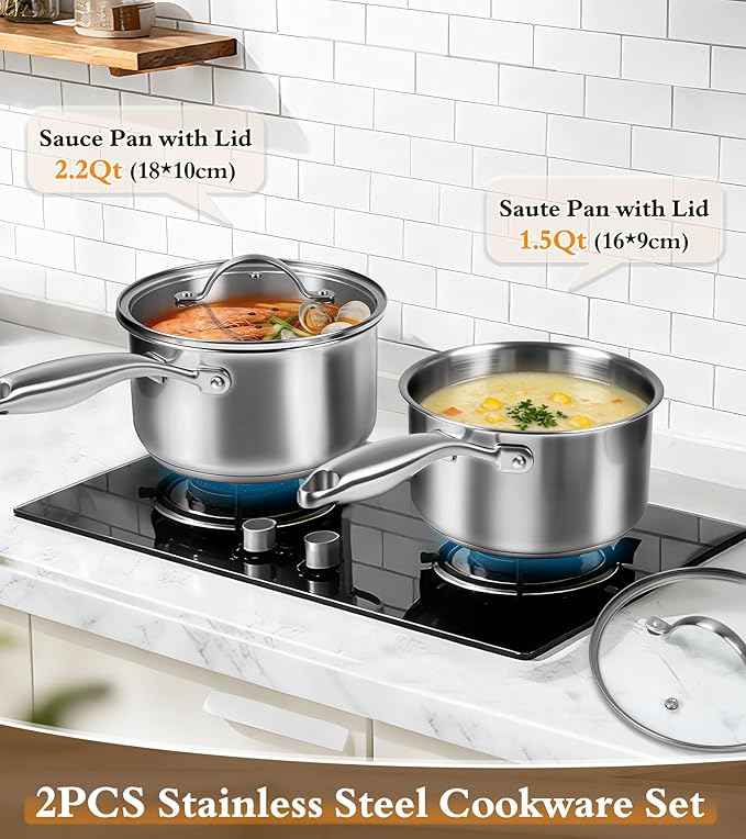 Stainless Steel Saucepan Set with Lids 1.5QT & 2.2QT, Tri-Ply Stainless Steel Sauce Pot Set, Induction Saucepans, 4 Pcs Nonstick Saucepans Cookware Set, Dishwasher Safe