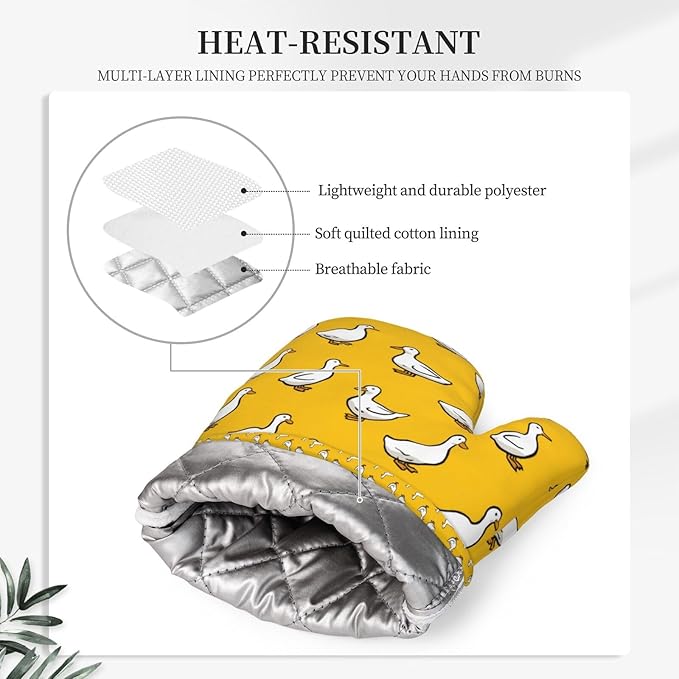 Oven Mitts and Pot Holders Set, Yellow Duck Pattern Silicone Kitchen Accessories 4 Piece Heat Resistant Long Gloves Potholder Non-Slip Grip for Chef Cooking Baking Grilling BBQ