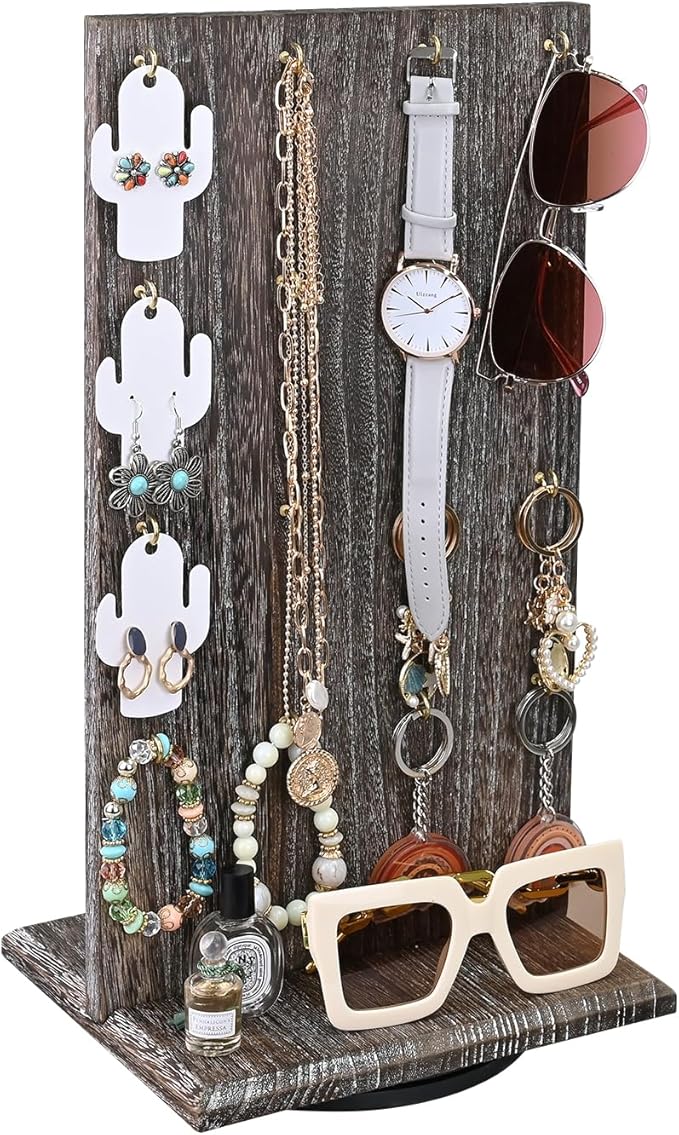 Ikee Design Wooden Rotating Two-Sided Jewelry Display Stand, Rotating Organizer with 32 Hooks for Store, Earring Keychain Display with Hooks, Coffee color, 9 W x 7.5 D x 16.5 H in