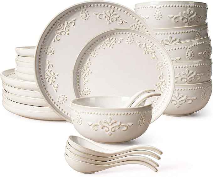 Artena Plates And Bowls Sets, 24 Pieces Dinnerware Sets, Dish Set For 6, Ceramic Kitchen Bowl And Plate Set, Embossed White Dishware Sets, Dishwasher & Microwave Safe (Damask Floral)