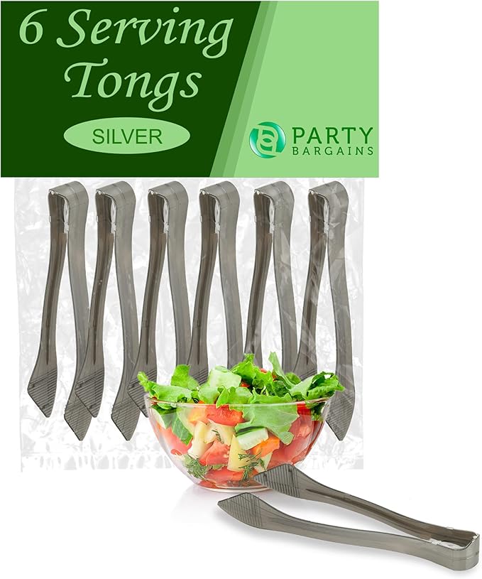 PARTY BARGAINS 8.5 Inches Plastic Serving Tongs, 6 Pack, Premium Quality & Heavy-Duty Silver Plastic Tongs for BBQ, Salads, Grilling, Buffets, & Kitchen