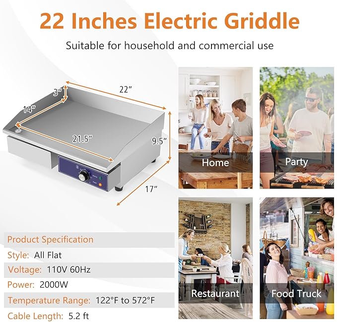 Giantex Commercial Griddle, 22" Electric Griddle 2000W, Cast Iron Griddle, Stainless Steel Frame, 122℉-572℉ Adjustable Temperature Control, Removable Oil Storage Box, Restaurant Teppanyaki Grill
