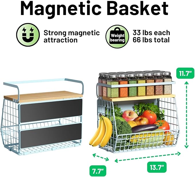 Magnetic Shelf for Fridge with Wood Lid, Fruit Potato and Onion Storage Bins, Pantry Organizers & Storage, Large Container Magnetic Spice Rack for Refrigerator, Kitchen Counter, Cabinet (Blue, 1)