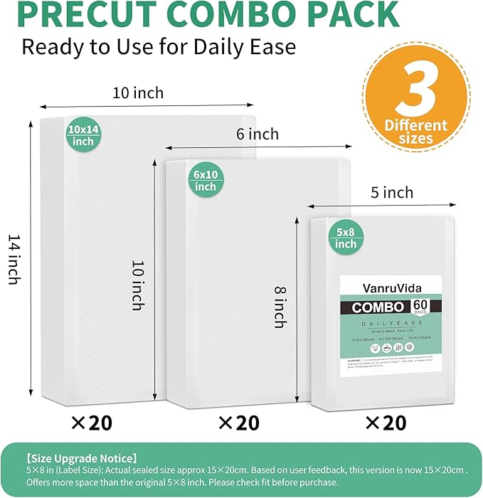 VanruVida Vacuum Sealer Bags for Food,5” x 8”,6” x 10”,10” x 14”,60 Count,Commercial Grade Textured Pre-Cut Seal Bags,BPA Free Food Storage Bags for Freezer, Meal Prep, or Sous Vide