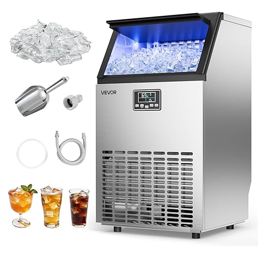 VEVOR Commercial Ice Maker Machine, 130 lbs/24h with 26 lbs Storage Capacity, Moon-Shaped Ice，Built-in/Freestanding/Under Counter, Ice Maker with LED Display & Self-Cleaning, for Home Bar Restaurant