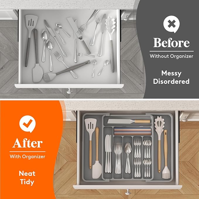 Lifewit Utensil Organizer for Kitchen Drawer, Expandable Cooking Silverware Tray, Adjustable Cutlery Flatware Holder, Plastic Spatula Tools Storage Divider, 11.8-19.6 x 15", Gray