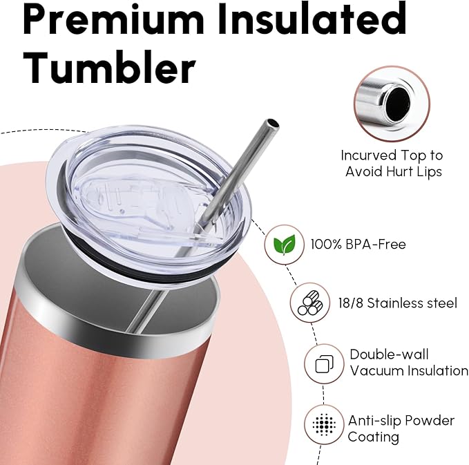 Volhoply 20 oz Skinny Tumbler with Lid and Straw, Stainless Steel Straight Tumblers Cup, Vacuum Insulated Coffee Mug for Home, Office, Travel, DIY (Rose Gold,1 Pack)