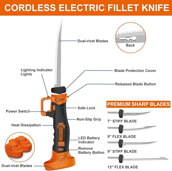 Electric Fillet Knife for Fish - Rechargeable Cordless Electric Knife With Non-Slip Grip Handle & 4 Ti-Nitride S.S. Coated Non-Stick Blades, 2 Batteriess Charger and Case For Fishing
