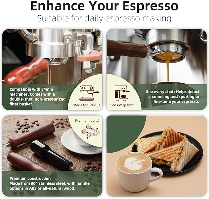54mm Bottomless Portafilter for Breville Barista Express/Pro/Touch/Bambino18-21g Precision Basket, Stainless Steel 304 Filter Basket, Naked Portafilter for Espresso Extraction(54mm Walnut)