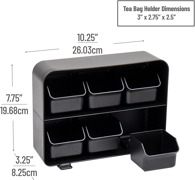 Mind Reader Tea Bag Organizer, Tea Station Organizer, Countertop Storage, Kitchen, Plastic, 10.25"L x 3.25"W x 7.75"H, Black