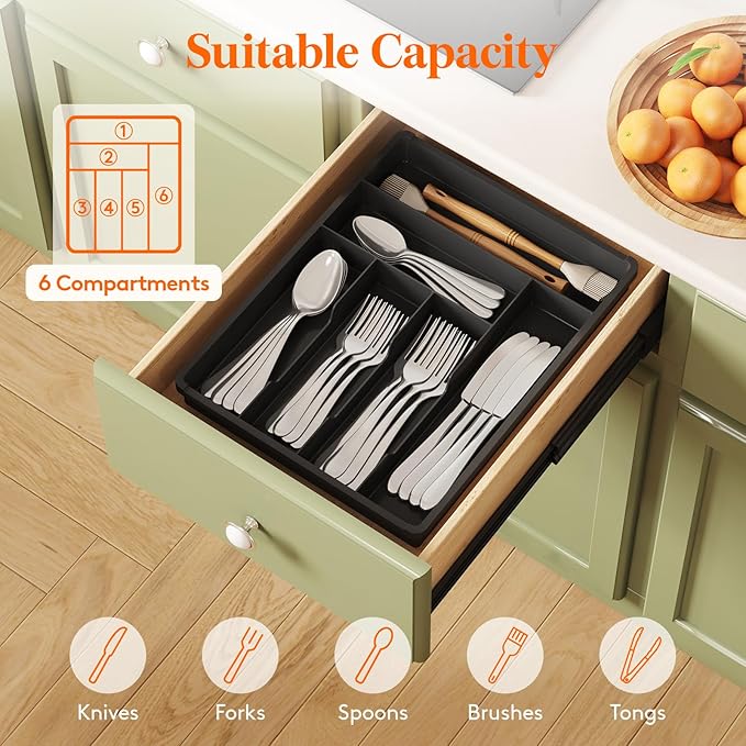 Lifewit Silverware Drawer Organizer Tray, Plastic Cutlery Storage for Kitchen, Flatware and Utensil Holder Divider for Spoons Forks Knives Tableware, 12.3 x 16", 6 Slots, Black