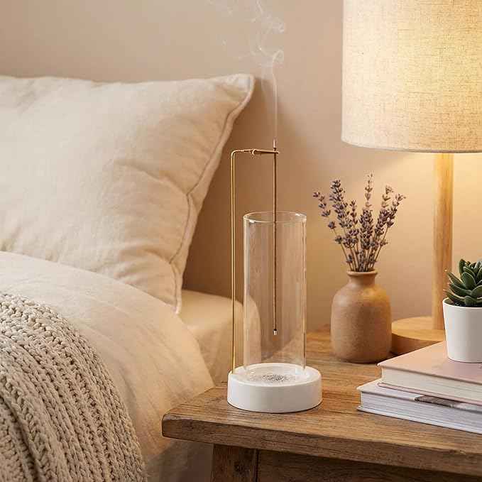CEREMONY Incense Holder, Ceramic Incense Holder for Sticks with Glass Ash Catcher, Incense Burner for Meditation Yoga Spa Room Decor(Beige)