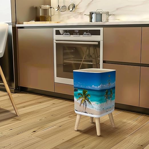 Small Trash Can with Lid Drone Photo Bottom Bay Barbados Wastebasket with Press Cover Dog Proof Garbage Can Waste Bin for Kitchen Bathroom Nursery 2.6 Gallon