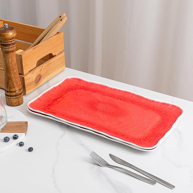 17” x 10” Rectangular Large Serving Platters, 2 Pieces Melamine Serving Trays Sets for Serving Food For Christmas, Mother's Day, Parties, Wedding, Gatherings, Dishwasher Safe. Reactive Red