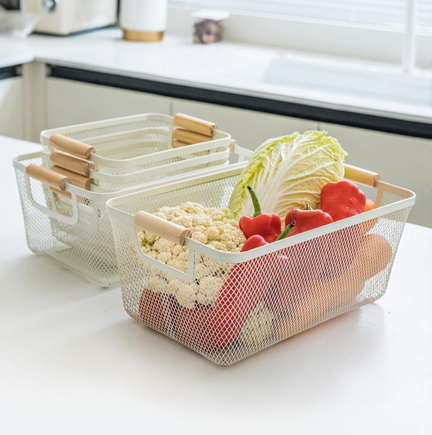 Metal Mesh Steel Basket, Large Wire Storage Organizer Basket Multi-function Hanging Kitchen Baskets with Wood Handle for Kitchen Bathroom Picnic Home, Rectangle-Off White