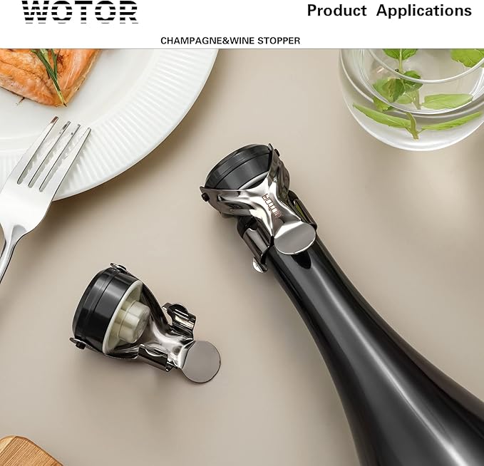 WOTOR Champagne&Wine Bottle Stoppers Stainless Steel with Food Grade Silicone, Leak Proof Keep Fresh Reusable Saver, Cork Suitable for Wine, Champagne, Cava, Prosecco and Sparkling (4 Pack Black）