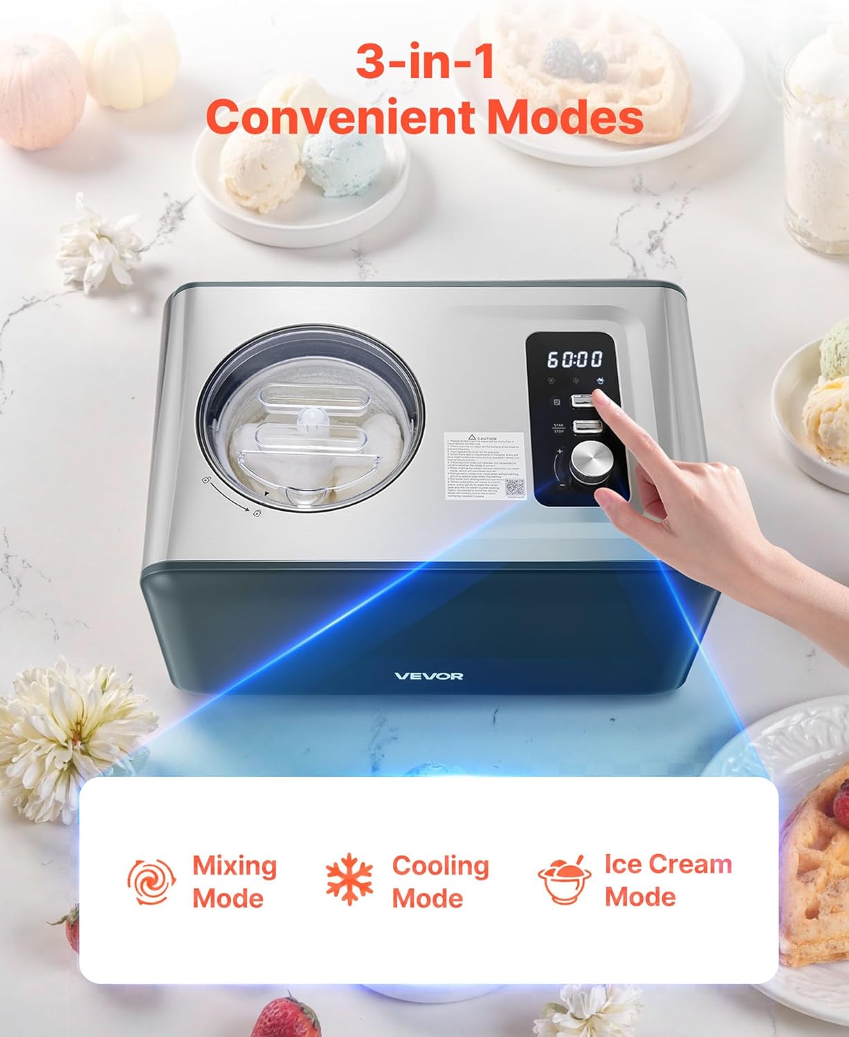 VEVOR Automatic Ice Cream Maker with Built-in Compressor, 1.5 Quart No Pre-freezing Gelato Maker, Stainless Steel Electric Sorbet-Maker, 3 Modes Compressor Ice Cream Machine for Home Kitchen