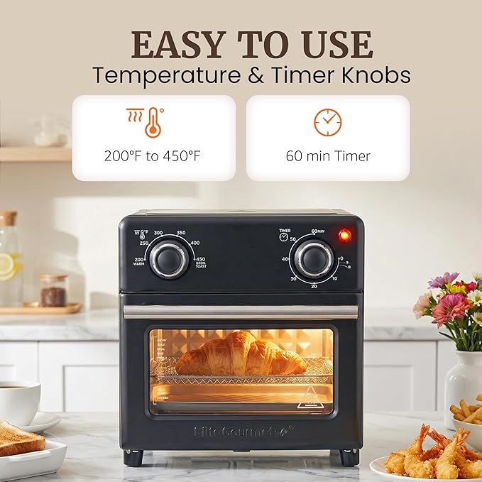Elite Gourmet Compact 8.5Qt Air Fryer Oven – Mini Countertop Air Fryer with Adjustable Time & Temperature Controls, 800W, Includes Air Fry Basket, Bake Pan & Recipes, Black