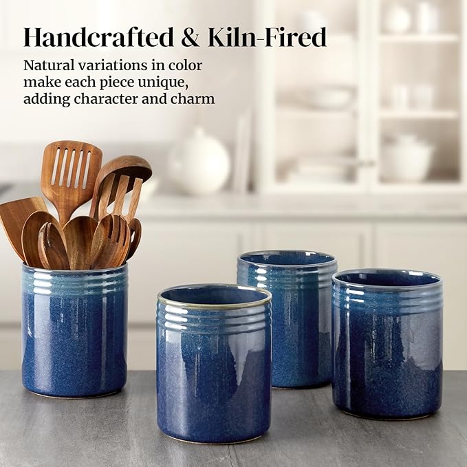 DOWAN 7.2" Kitchen Utensil Holder, Extra Large Farmhouse Utensil Holders for Countertop, Ceramic Utensil Crock, Anti Slip Cork Bottom
