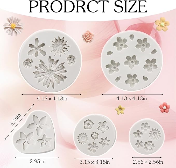 5 Pcs Flower Fondant Molds Flower Rose Daisy Silicone Chocolate Mold for Candy Fondant Polymer Clay Soap Ice Cube Crafting and Cake Cupcake Decoration