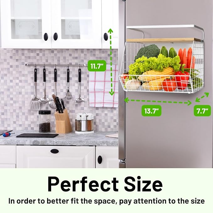 Ofiray-home Magnetic Fridge Shelf with Wood Lid, Fruit Potato Onion Storage Bins, Pantry Organizers, Large Container Spice Rack for Refrigerator, Kitchen Counter, Cabinet (2, White)