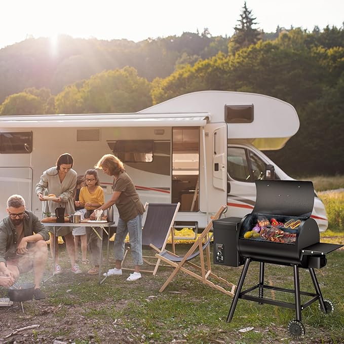 KingChii Electric Wood Pellet Grill & Smoker with Side Shelf, 456 SQ.IN Grill Capacity, with PID Temperature Control (180-425°F) for Backyard Camping Bake and Roast, Black