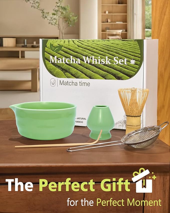 Vaiheng Matcha Whisk Set with Matcha Bowl, Matcha Whisk Holder Matcha Bamboo Whisk, Scoop, Sifter, Unique Gifts for Women Men Girl Friend Home Kitchen Decor（Light Green）