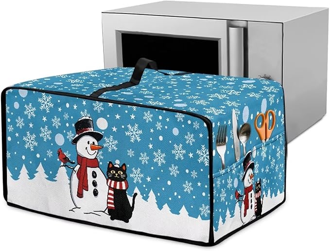 Microwave Oven Cover Air Fryer Toaster Oven Dust Cover, Stain-resistant Small Electric Appliance Protector, M, Snowman Black Cat Snowflake Blue Christmas Decorations