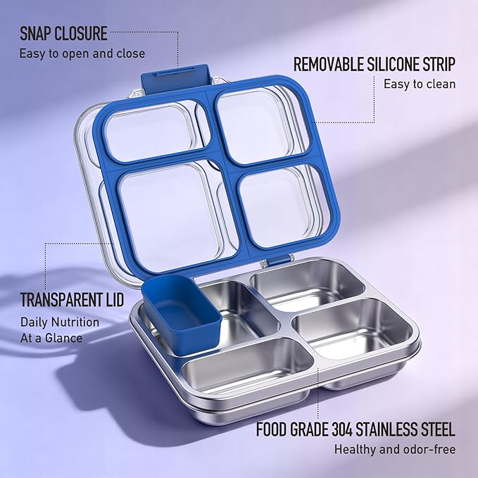 Stainless Steel Bento Box for Kids with Silicone Container, 4 Compartment Metal Lunch Box Kids Adults, Removable Silicone Seal & Clear Lid, Leak Proof Food Storage Container for Meal(Blue)