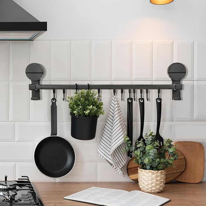 BESTOYARD Punchless Kitchen Utensil Hooks Wall Mount Rack with 10 Hooks, Adjustable Double Rod Organizer, Gray Suction Cup Holder for Cooking Tools and Measuring Cups