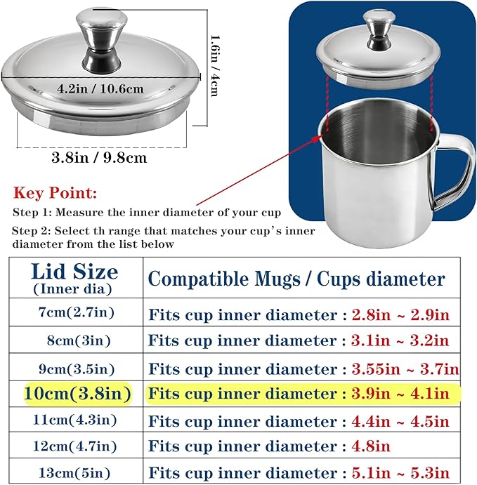 3.9Inch Universal Drink Covers, Stainless Steel Cover for Drinks, Coffee Mug Lid, Metal Travel Tumblers Mug Lid Replacement