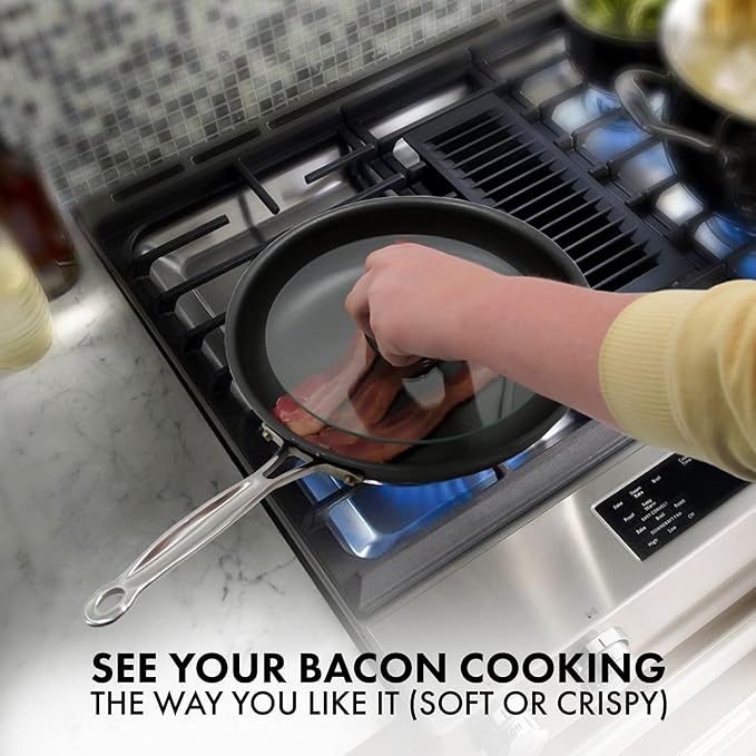 Northwest Enterprises Bacon Press, Round Tempered Glass Bacon Press and Splatter Shield, Perfectly Cooked Flat Bacon Every time! (8 Inch)