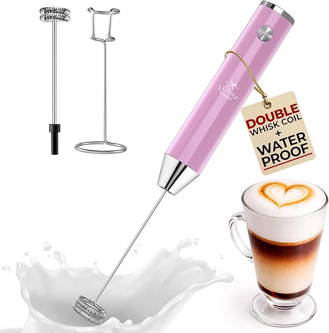 Zulay Kitchen Rechargeable Milk Frother Handheld Lux - Powerful 2-Speed Motor, Waterproof, 2000mAh Battery - Drink Mixer for Latte, Cappuccino, Matcha & Protein Powder - Pink Bubblegum