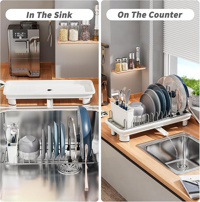SanDream Small Dish Drying Rack with Removable Utensil Holder & Anti-Scratch Base - Stainless Steel Dish Rack, Dish Drying Rack with Drainage & Space Saving Design for Kitchen Counter, White