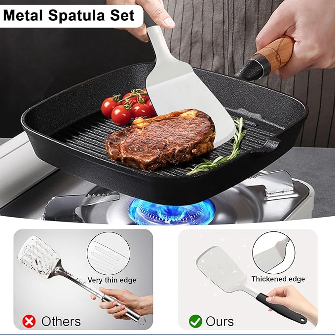Stainless Steel Spatulas Set, 13.3 inch Metal Spatula, Full Tang Solid and Slotted Turner for Cooking Cast Iron Skillet, Heat Resistant Silicone Handle (Solid 4.6"x3.7")