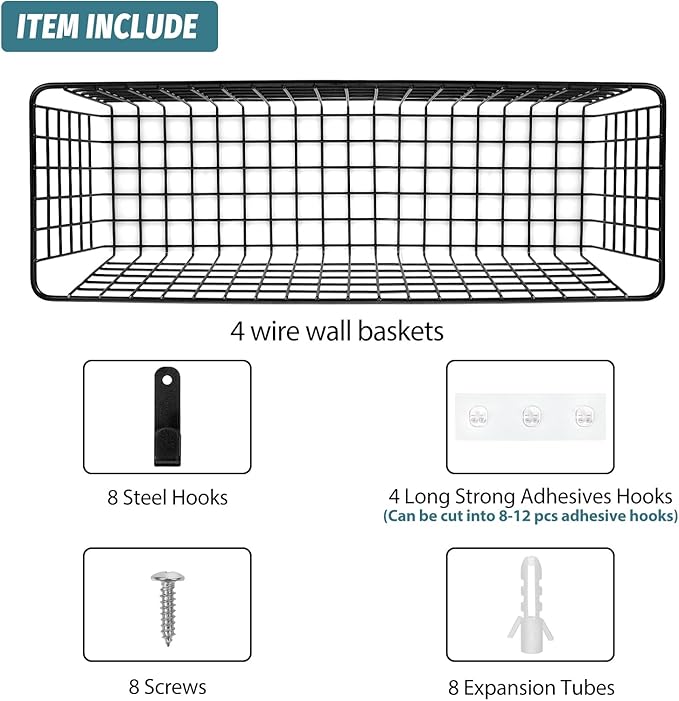 4 Set [EXTRA LARGE] Hanging Wall Mount Storage Baskets with Adhesive Hooks & Steel Hooks, Multiuse Sturdy Wire Metal Organizing Baskets for Home Kitchen Bathroom Pantry Utility Organizer, Black