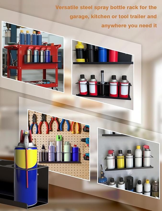 6 Pack Spray Can Holder Organizer, Wall-Mounted Steel Spray Bottle Rack, Tool Box Storage Rack, 5 Cans Metal Paint Can Organizer for Garage, Workspace, Shop, Home or Tool Trailer, Black