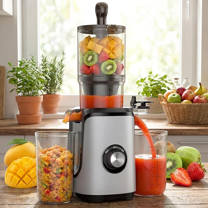 DUMOS Masticating Juicer Machines, Cold Press Juicer with 4.25" Wide Feed Chute, High Juice Yield for Whole Vegetables & Fruits, Easy to Clean, Silver